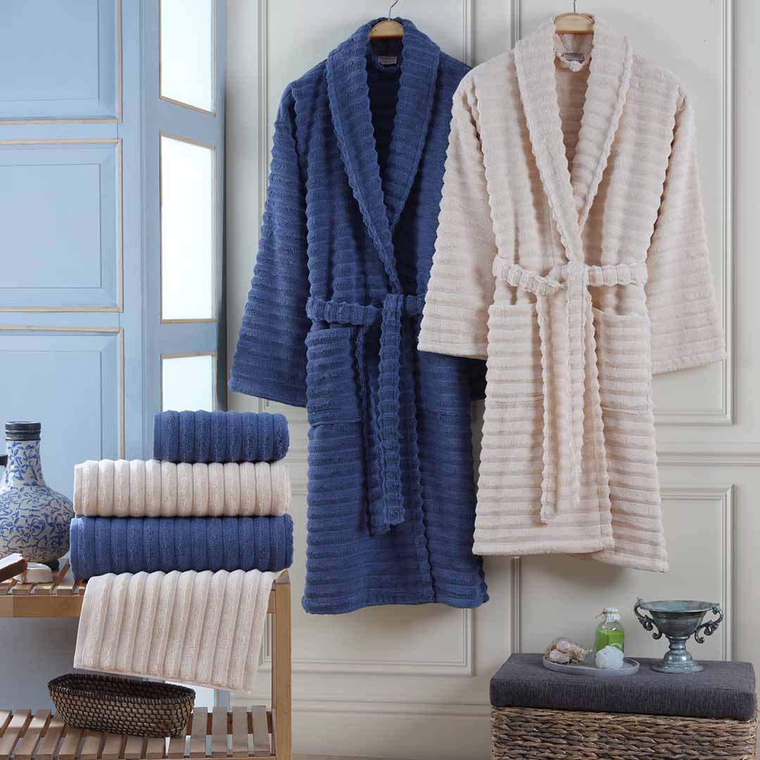 Vedra - Семеен Комплект - Халат/Хавлии - Беж/Син - 6 части