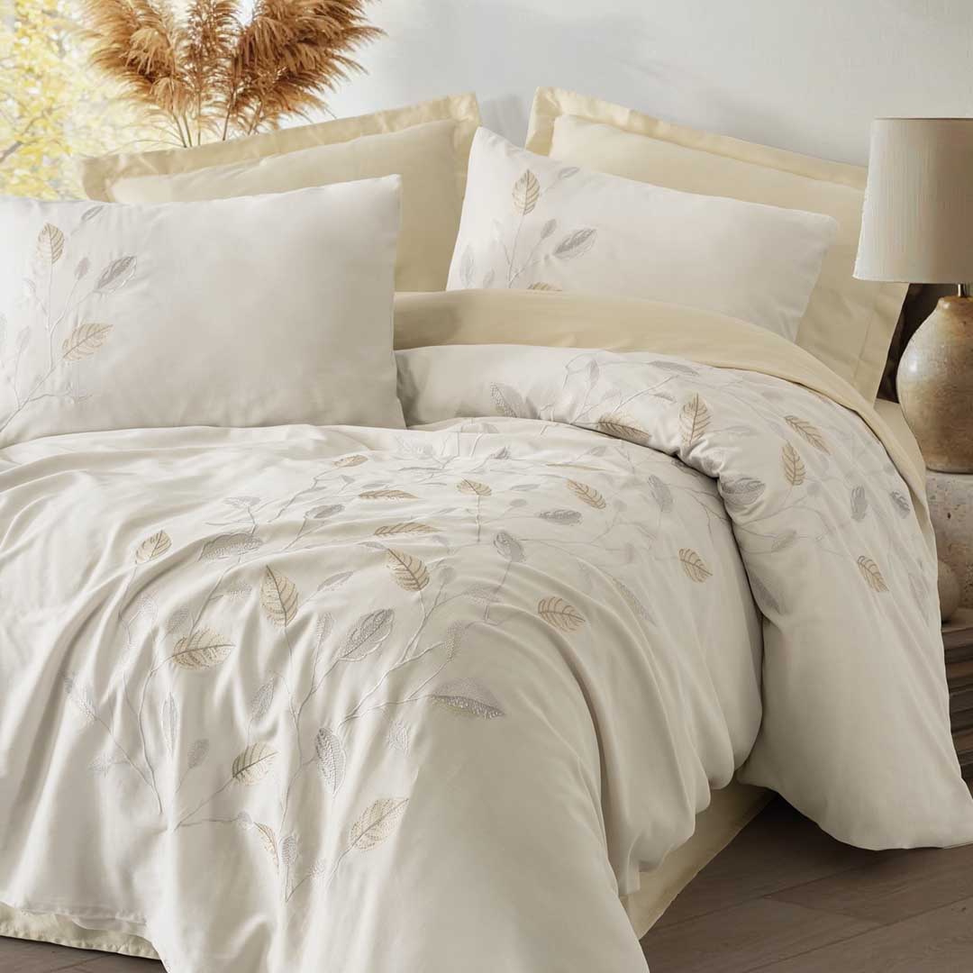 Blade - Беж - Двоен Комплект - Бродиран Сатен -  6 части