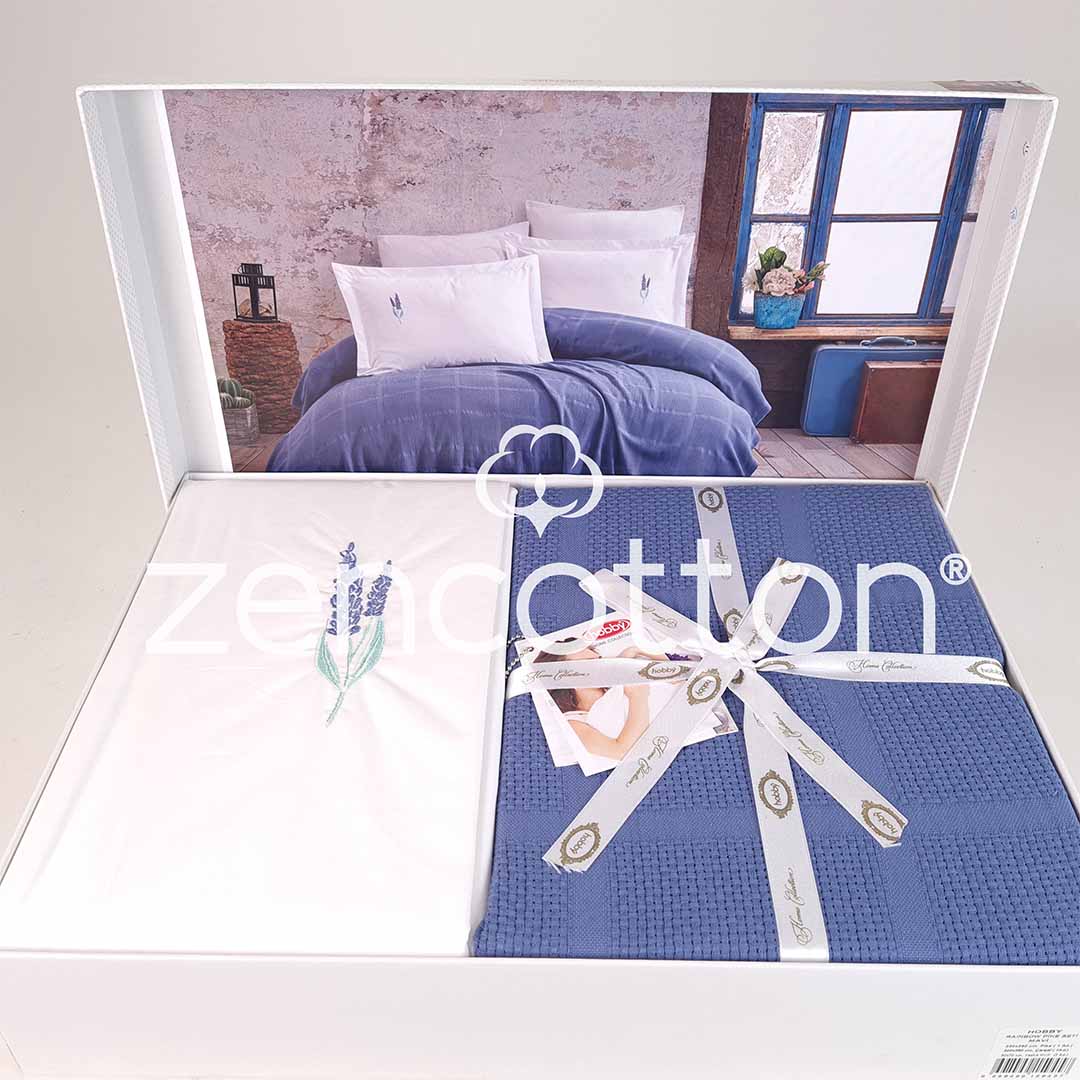 Rainbow - Син - Двойно Спално Бельо с Пике