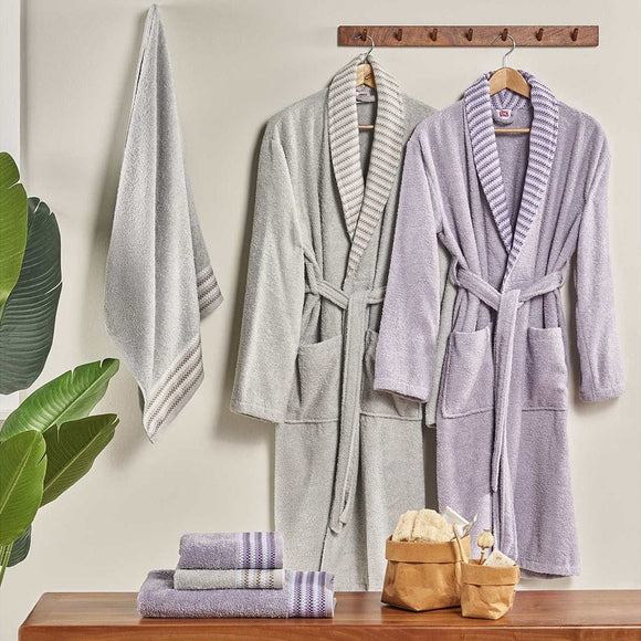 Family Bathrobe Bath Towel Hand Towel Set - Pure Cotton Alba Lavander Grey - TAC