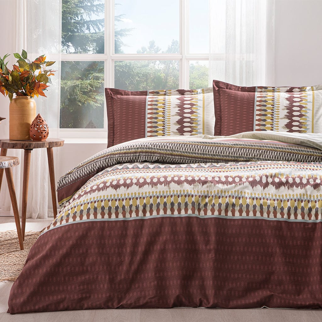 Единично спално бельо ранфорс - Ozdilek - Ikat - Бордо