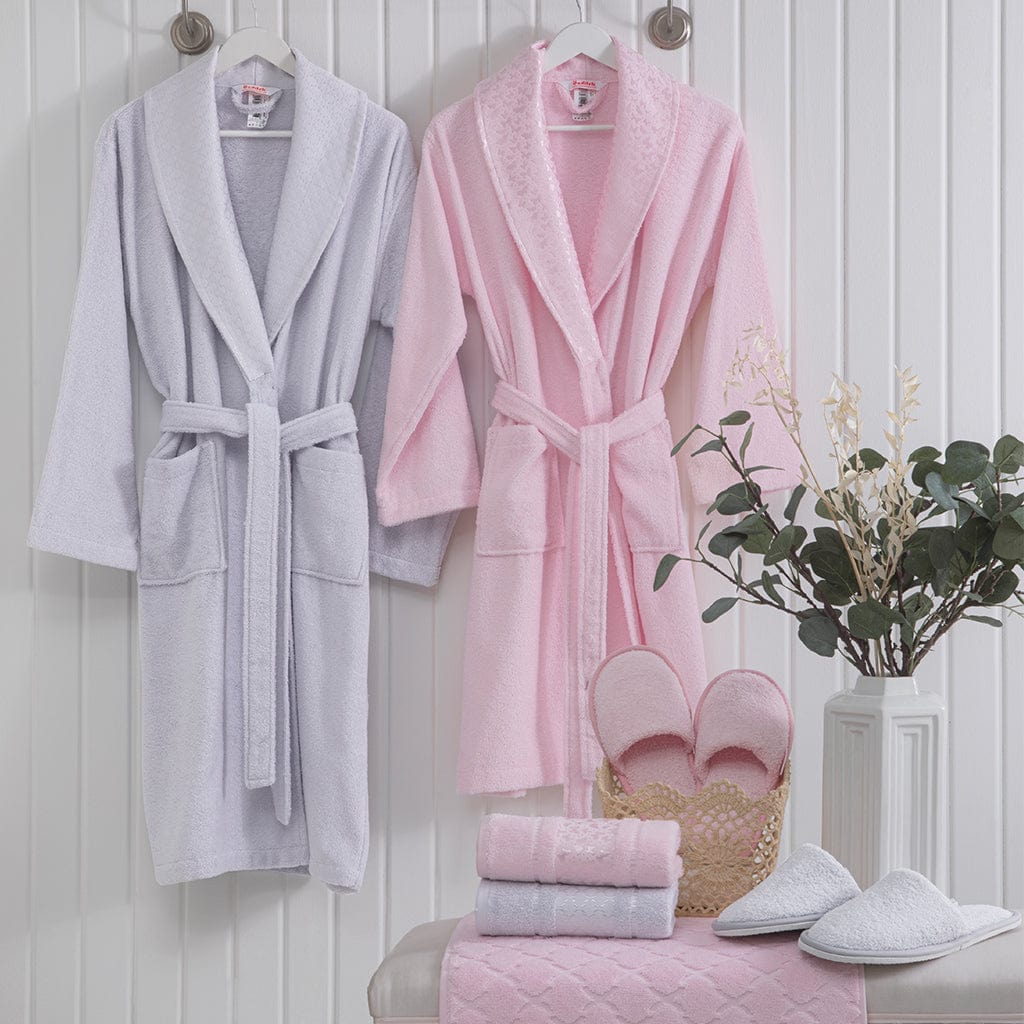 Bathroom Set with Bathrobes Towels Bath Slippers and Bath Mat Grey Pink  - Ozdilek