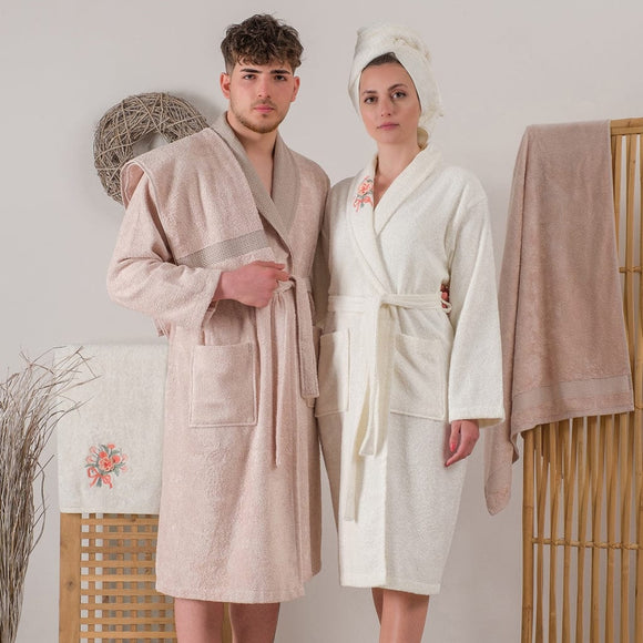 Embroidered Bamboo Bathrobe and Towel Set Ecru Cappuccino - Cottonbox